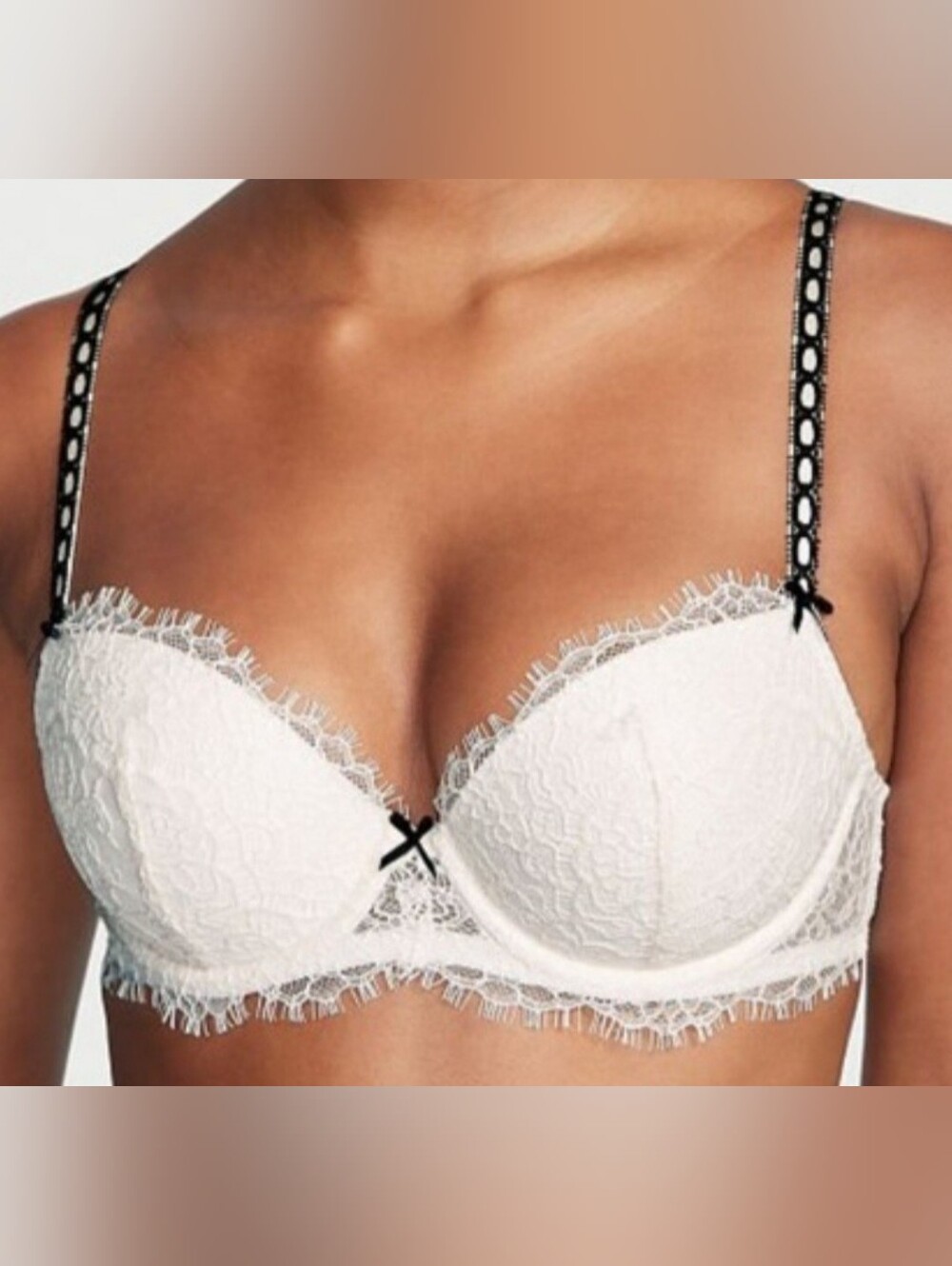 34DD 34D3 VS Lightly Lined Lace Black Ribbon Slot Demi Bra Coconut White